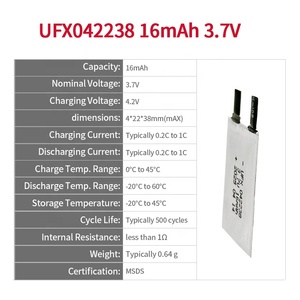 웨어러블 기기 의료 센서 IoT 솔루션용 초박형 16mAh 3.7V UFX 042238 파우치 리튬 폴리머 배터리 - Product Image 2