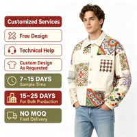 Jaket Kanvas Katun Krem Pria OEM, Cetak Layar Motif Bunga Geometris, Potongan Kotak, Pakaian Kerja Khusus