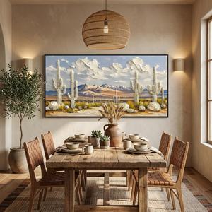 Peinture abstraite texturée de paysage de cactus en fleurs dans le désert, 100% peinte à la main sur toile, cadre en bois, décoration intérieure - Product Image 3