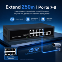 Switch PoE Watchdog de 8 Puertos Full Gigabit con Carcasa Metálica, QOS, VLAN y Salida de 120W para Conexión a Red