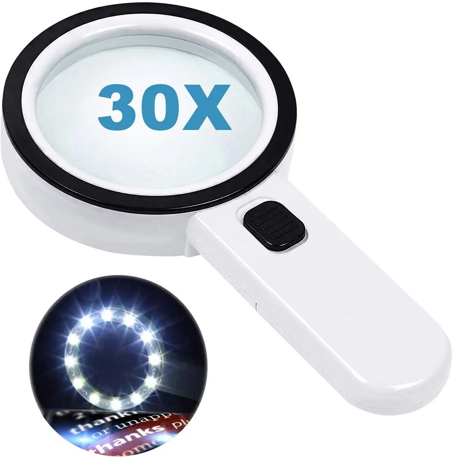 High Quality Magnifying Glass with 12 LED Lights, 30X Double Glass Lens Handheld Illuminated Magnifier Reading