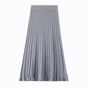 Falda de lana tejida de cintura alta y longitud media para mujer, línea A, plisada, de color sólido, beige, camel, verde, negro, gris claro - Product Image 4