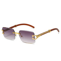 Lunettes de soleil carrées sans monture haut de gamme, avec branches en alliage doré et texture bois rétro, verres dégradés multicolores