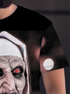 <span class=keywords><strong>T</strong></span>-<span class=keywords><strong>Shirt</strong></span> da Uomo in Maglia Larga Casual con Stampa Grafica 3D Digitale di Halloween, Suora e Film <span class=keywords><strong>Horror</strong></span>, Manica Corta, 100% Poliestere - Product Image 4