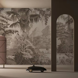 Papier peint personnalisé vintage marron jungle tropicale, tons sépia, paysage botanique, décoration murale pour la maison, salon, hôtel, installation facile - Product Image 1