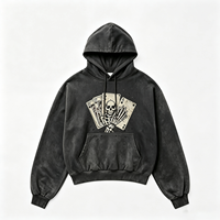 Hoodie Kartu Poker Acid Wash Skeleton Pria, Bahan Katun Tebal Distressed, Pullover Gothic Streetwear, Atasan Grafis, Pesanan Grosir