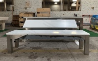 Mesa de Billar Fusion Tables de 7' con Superficie de Pizarra de Acero Inoxidable, Troneras de Cuero, Colores Personalizables y Base de Pizarra de 3 Piezas