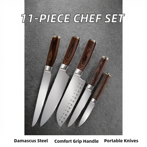 Ensemble de couteaux de chef en acier à haute teneur en carbone, 5 pièces, fabriqués à la main, poignées ambidextres, design durable, nouveau manche en bois, étui en cuir - Product Image 2