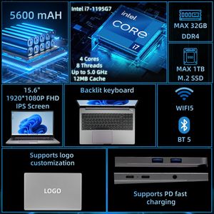 Ordinateur portable professionnel haute performance 15,6 pouces Intel Core i7-1195G7 16 Go de RAM 1 To SSD Boîtier métallique Charge rapide PD 65W Windows 11 PC - Product Image 2
