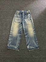 Fabricant en gros OEM ODM – Jeans amples pour hommes, style vintage, bleu teinté, coupe baggy, denim délavé, ourlet brut, fermeture boutonnée