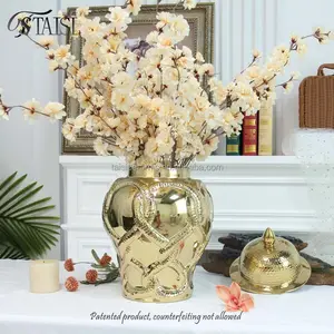 J288G Electroplating Porcelain Gold Flower Vase Glossy Luxury Decoration Home Goods Snake Ginger Jar For Fireplace Desktop