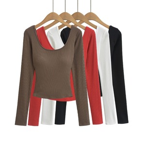 CNSHELL 95% Rayon <strong>Square</strong> <strong>Neck</strong> Slim Fit Micro Rib With Chest Padding Cropped <strong>Long</strong> <strong>Sleeve</strong> <strong>Top</strong> for Women T Shirt - Product Image 5