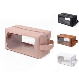 Rts Pu Leather Fashion <b>Makeup</b> Bag Transparent Window Zipper Water Resistant Large Capacity Portable Cosmetic Organizer <b>Case</b> - Product Image 1