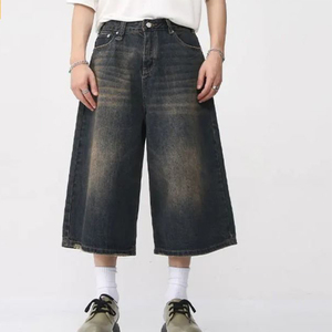 Retro Casual Baggy Distressed Y2K Washed Cotton Denim <strong>Shorts</strong> Custom Embroidered Wide <strong>Leg</strong> Vintage Streetwear <strong>Men's</strong> Denim Jorts - Product Image 2
