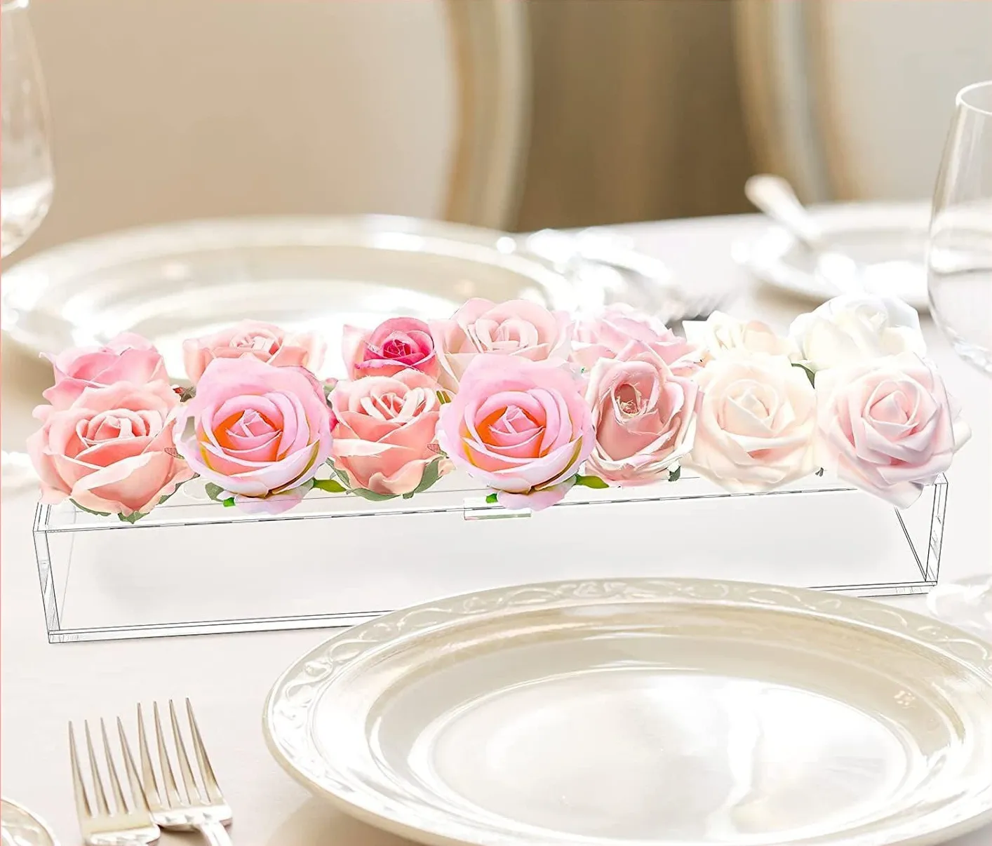 Centros de mesa rectangulares transparentes, Decoración de mesa de boda, jarrón de acrílico transparente, jarrones florales de rosas, caja de exhibición de flores para mesa de comedor