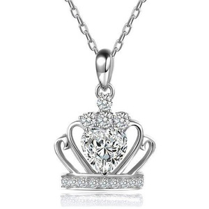 Collana con Pendente a Corona in Argento 925 Placcato Rodio con Cristalli e Strass Taglio Brillante Rotondo, Montatura a Griffe, per Uso Quotidiano Femminile - Product Image 1