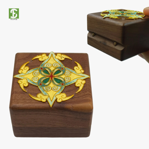 Handmade Cloisonne Enamel Ring Box - Walnut <strong>Wood</strong> with Auspicious Patterns Vintage - Product Image 3