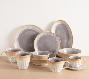 Customizable Vintage Grey Beige Gradient Ceramic <b>Dinner</b> <b>Set</b>, Embossed Stoneware Tableware, Bulk Wholesale Modern Kitchen Gift - Product Image 2