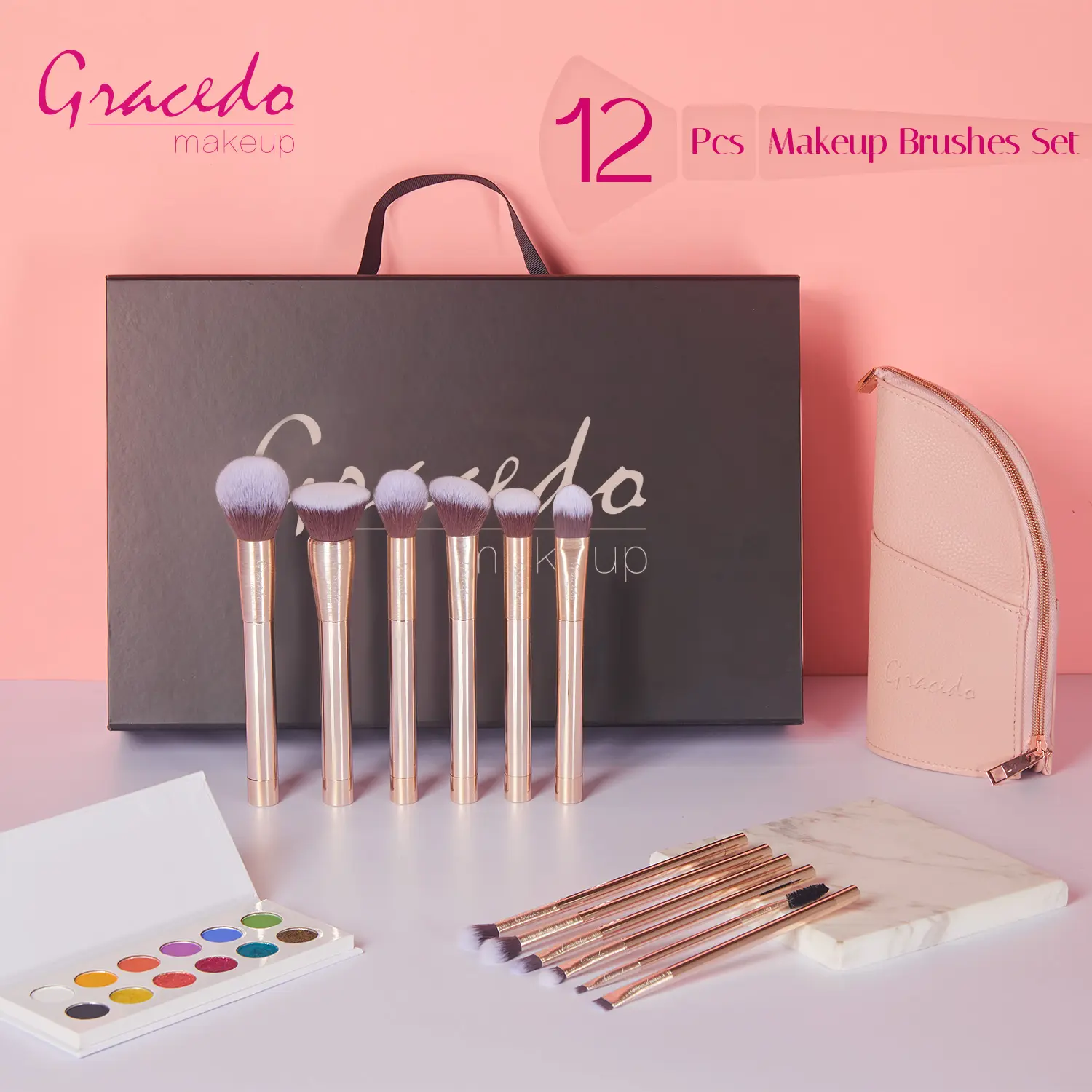 GRACEDO 12pcs 골드 럭셔리 브러쉬 세트 메이크업 아이섀도우 전문 하이 퀄리티 메이크업 브러쉬 세트 지퍼 백과 선물 상자