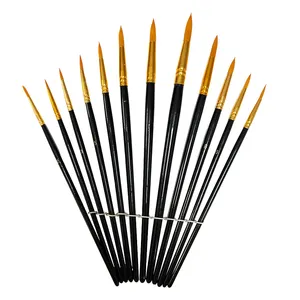 Haihui vente en gros de pinceaux d'artiste forme ronde nylon cheveux jaune tube d'aluminium professionnel 12 pièces pinceau acrylique
