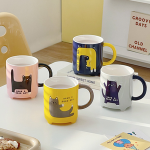 Mug à café en céramique avec couvercle et cuillère, motif de chat de dessin animé abstrait, 310 ml, passe au lave-vaisselle et au micro-ondes, pour les fêtes, la maison et le bureau - Product Image 2
