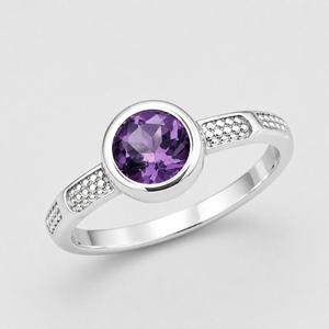 Amethyst 925 Sterling Silver <b>Ring</b> - Round Bezel Solitaire on Beaded <b>Split</b> Shank - Product Image 2