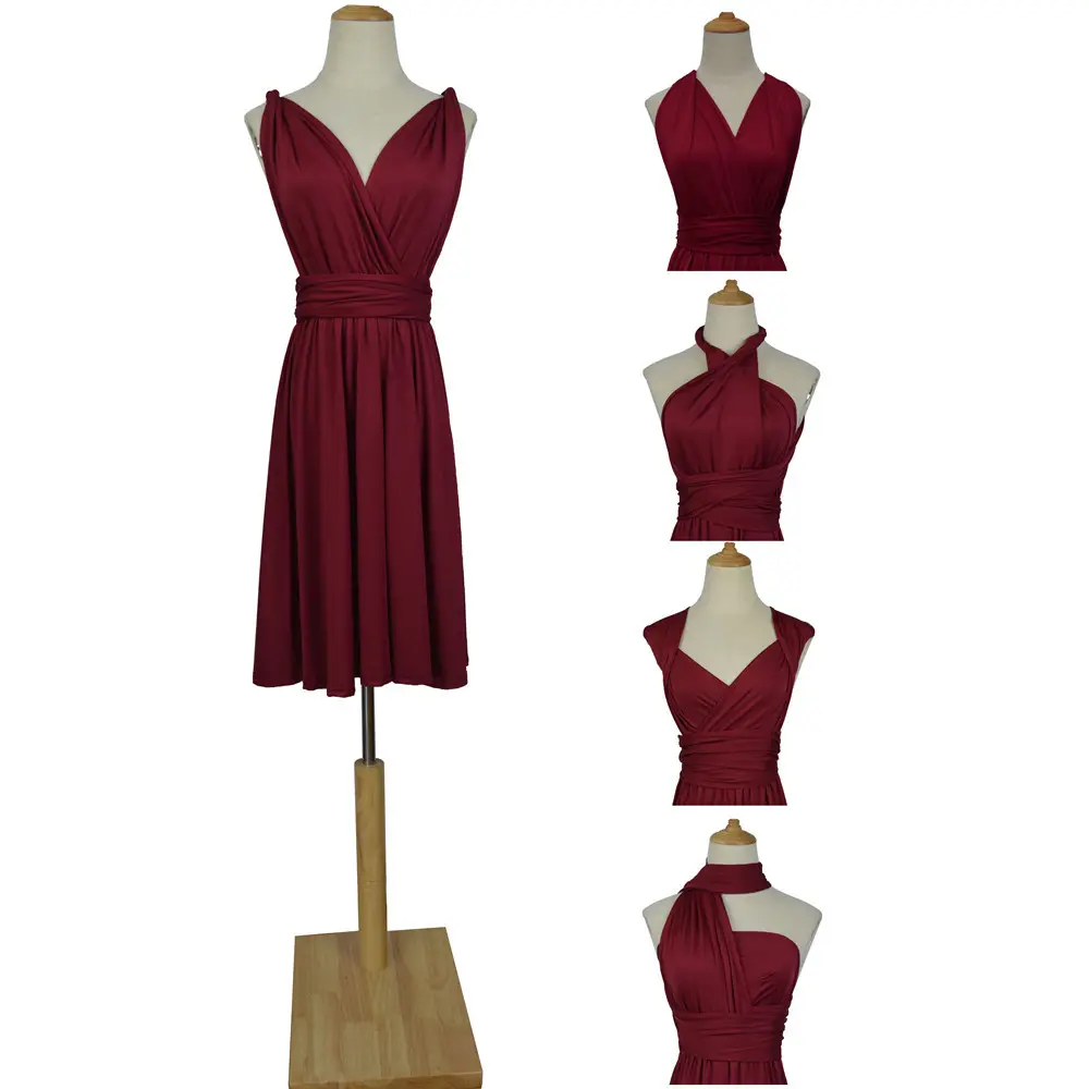 Amazon Hot Sale Burgundy Multicolor Bridesmaid Evening Dress Plus Size Multiway Tie Short Flare Mini Dresses