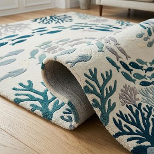 Ivory Blue School of Fish Wool <b>Rug</b> Hand Tufted Coastal Coral <b>Nursery</b> Area Carpet <b>for</b> Kids Room Bedroom Playroom Living Room - Product Image 2