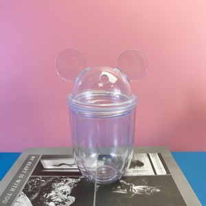 Mickey Mouse Ear Plastic Straw Cup Double Walled Transparent With Black Red Purple Lid For Students Back To School - Product Image 3