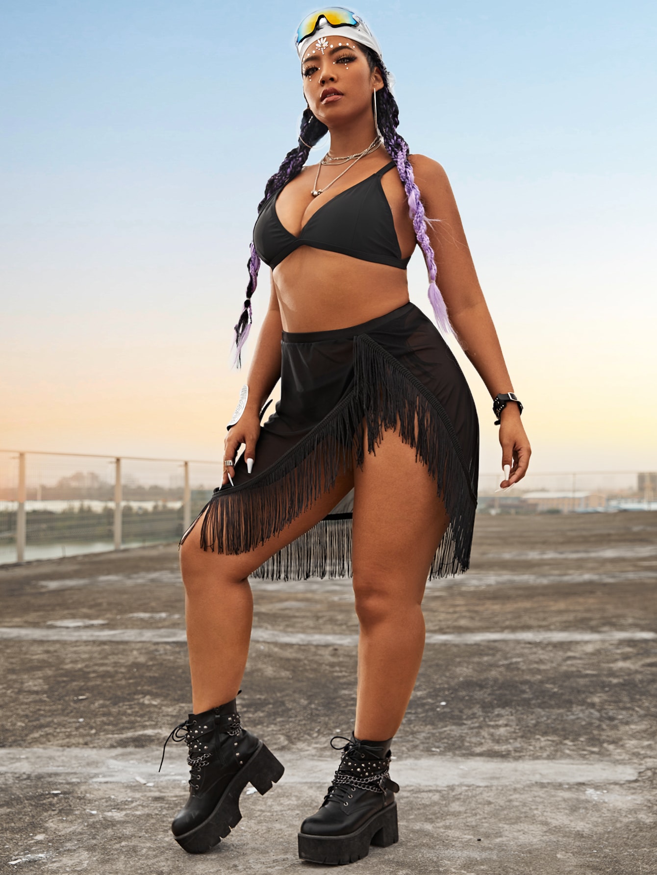 2022 new women's swimsuit sexy black Plus Size Swimsuit tassel blouse swimsuit three piece set