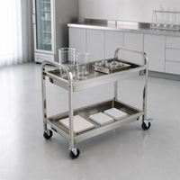 Chariot utilitaire double niveau de qualité commerciale, chariot de stockage alimentaire en acier inoxydable 201, capacité de 50 kg/étagère, 4 roulettes pivotantes avec freins