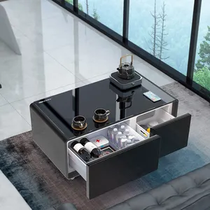 Modern living room furniture black smart coffee table with small refrigerator with wireless charging