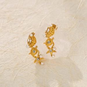 Pendientes de Perlas y Estrellas de Mar de Acero Inoxidable con Baño de Oro de 18K al Vacío, Estilo Europeo Americano, Modernos para Aniversario o Vacaciones en el Océano - Product Image 4
