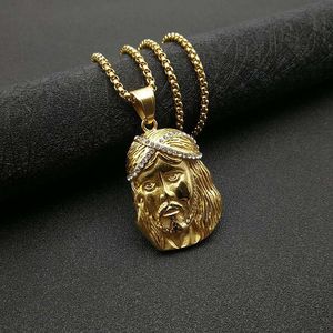 Collier pendentif visage de Jésus plaqué or, en acier inoxydable avec sertissage pavé, bijou unisexe, cadeau, chaîne - Product Image 2