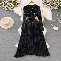 Robe décontractée élégante pour femmes, en dentelle, patchwork, plissée, à manches longues, coupe évasée, avec ceinture, pour tous les jours, pour les fêtes, robes décontractées
