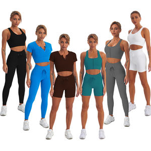 Conjunto de camiseta de manga larga y sujetador con cremallera para mujer, pantalones cortos sin costuras, pantalones largos, yoga, gimnasio, fitness, novedad - Product Image 1