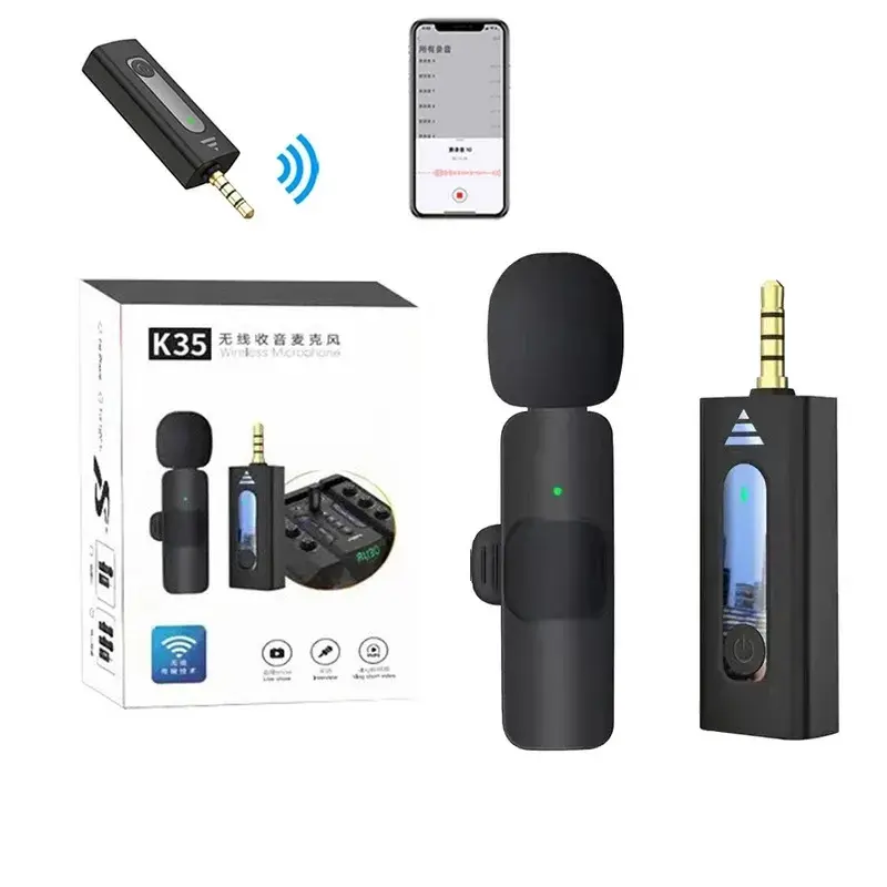 K35 BT Audio Recording Mini Mic Lapel Clip condenser Wireless Lavalier Microphone for IPhone Android