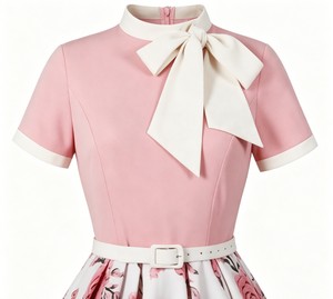 Abito midi vintage anni '50 con fiocco e collo alto, da donna, a maniche <span class=keywords><strong>corte</strong></span>, stampa floreale rosa, modello swing con cintura, elegante per feste, lunghezza tè - Product Image 3
