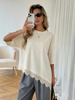 T-shirt asymétrique à ourlet irrégulier pour femme, avec empiècements en dentelle, manches courtes, coupe ample, grande taille, col rond, élégant, personnalisable, vente en gros