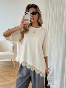 <span class=keywords><strong>T</strong></span>-<span class=keywords><strong>shirt</strong></span> da donna con orlo asimmetrico irregolare, patchwork in pizzo, manica corta, vestibilità ampia, taglie forti, girocollo casual, elegante, personalizzabile, all'ingrosso - Product Image 4