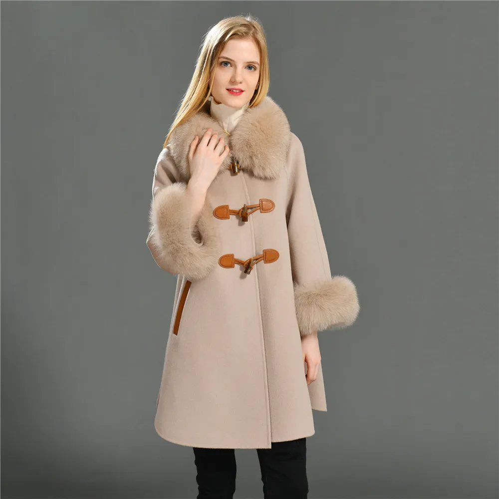 Женское длинное кашемировое пальто, корейское пальто из 100%-ной шерсти с двусторонним воротником из натурального Лисьего меха, 2022