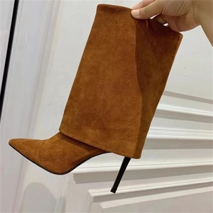 Winter Pointed Toe on Ankle <b>Boots</b> Ladies Turned-Over Suede Short Booties Women Stiletto High Heel Shoes - Product Image 1