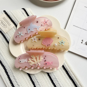 Pince à cheveux incurvée en acétate de cellulose avec strass 3D animaux marins faits à la main, style coréen classique, accessoires pour femmes, été - Product Image 2