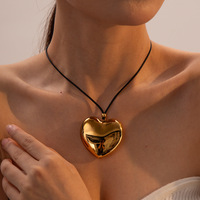 Haute poli lisse en acier inoxydable grand coeur amour pendentif cire corde collier pour femmes couleur or breloque bijoux cadeau