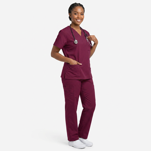 Women Scrub Set <b>Maroon</b> V-Neck <b>Top</b> And Pants With Pockets Hospital Uniforms - Product Image 1