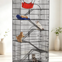 Cage à chat superposée en fer noir simple à monter soi-même avec roulettes, plateformes souples, hamac suspendu et échelles d'escalade pour usage intérieur multi-chats