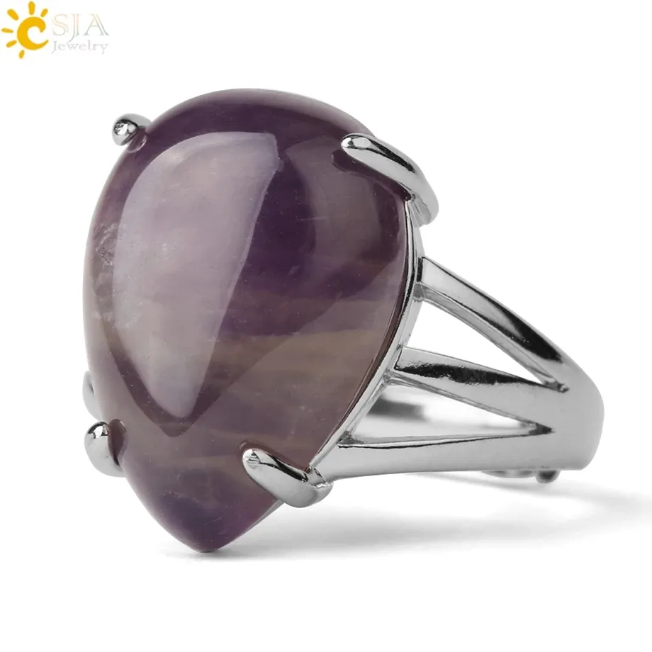 CSJA Cincin Kristal Tetes Air Pria Wanita, Perhiasan Cincin Obsidian Hitam Kuarsa Mawar Batu Alam Tetesan Air Dapat Disesuaikan G689