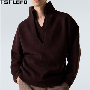 Cut And Sew Ribbed Knit Wool Sweater Men Heavyweight Mock Neck Jumper Men'S <b>Hoodies</b> & Sweatshirts Clothing Manufacturers Bulk - Product Image 2