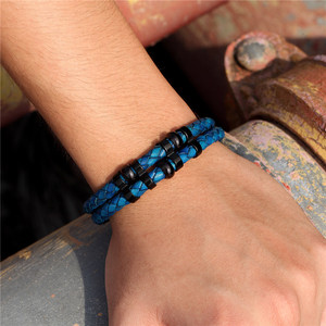 Pulsera de Hilo de Cuero Trenzado Azul con Cuentas Negras Chapadas en Plata y Cierre Magnético, Estilo Deportivo Casual Unisex - Product Image 5
