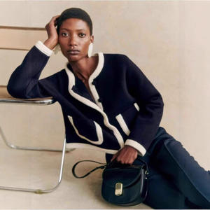 Cárdigan Corto de Mujer, Estilo Francés, Primavera, Nuevo, Color Block, Bolsillo, Botón Único, Cuello en V, Elegante, Mezcla de Lana Suave - Product Image 2